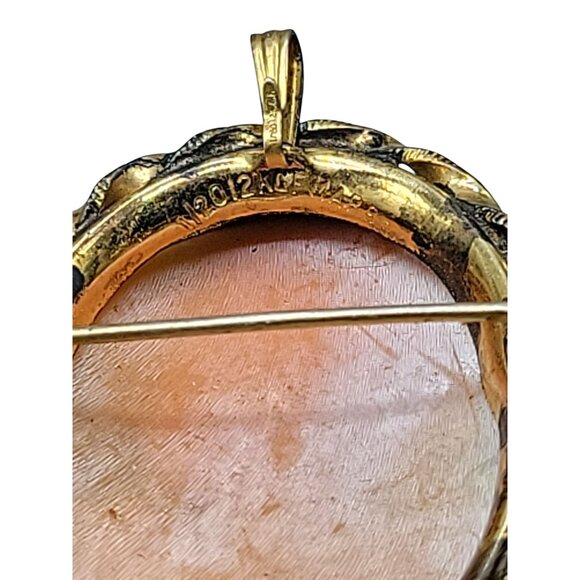Marbro Carved Cameo 12kgf Brooch Pendant Vintage Curly Hair Pink White Shell - Picture 6 of 8